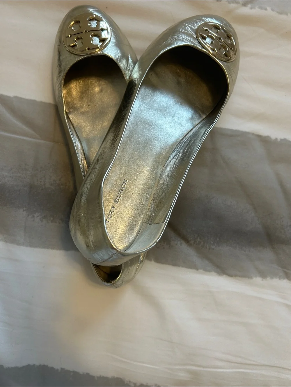 Tory Burch Metallic Silver Emelyn Logo Ballet Flats